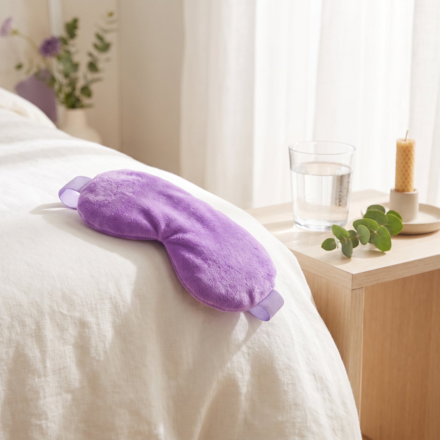 A purple plush eye mask resting on a white bed in a softly lit bedroom, with a bedside table, glass of water, candle, and greenery nearby.