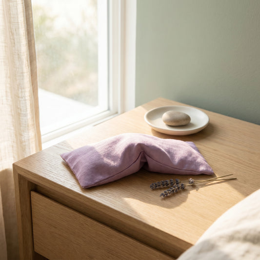 A lavender-colored eye mask pillow resting on a light wood bedside table next to a window, with a small dish and stone in the background.