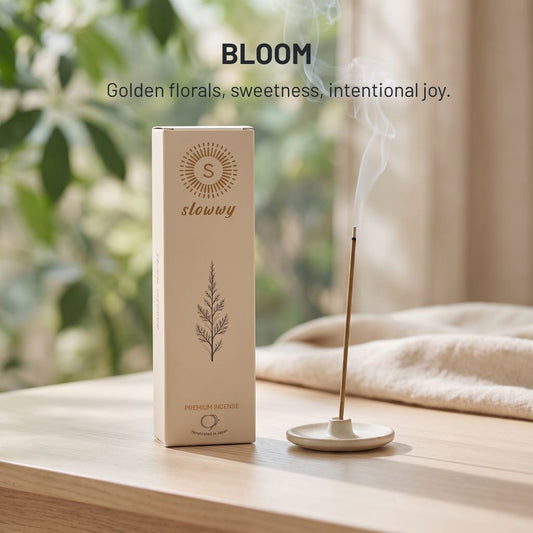 A tall cream-colored slowwy incenase box stands on a wooden table beside a smoking incense stick on a small holder. The scene is softly lit with blurred greenery and a folded blanket in the background, and the text 'BLOOM Golden florals, sweetness, intentional joy.