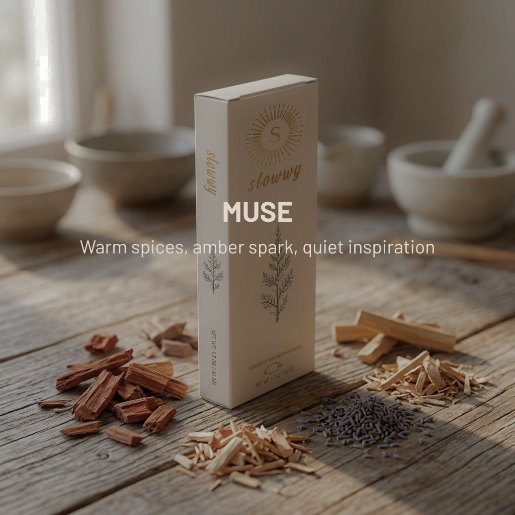 A cream-colored slowwy incense box labeled 'MUSE' stands on a rustic wooden table surrounded by scattered warm spices, wood chips, and dried lavender. The background is softly blurred with ceramic bowls and a mortar and pestle.
