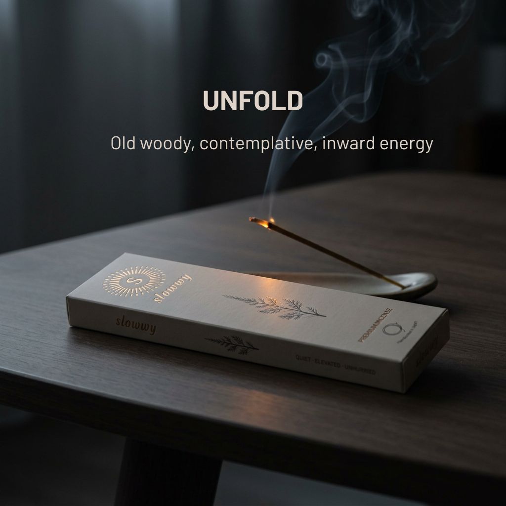 A slowwy incense box rests on a dark wooden table with a lit incense stick and visible smoke above it. White text on the image reads 'UNFOLD' and 'Old woody, contemplative, inward energy.