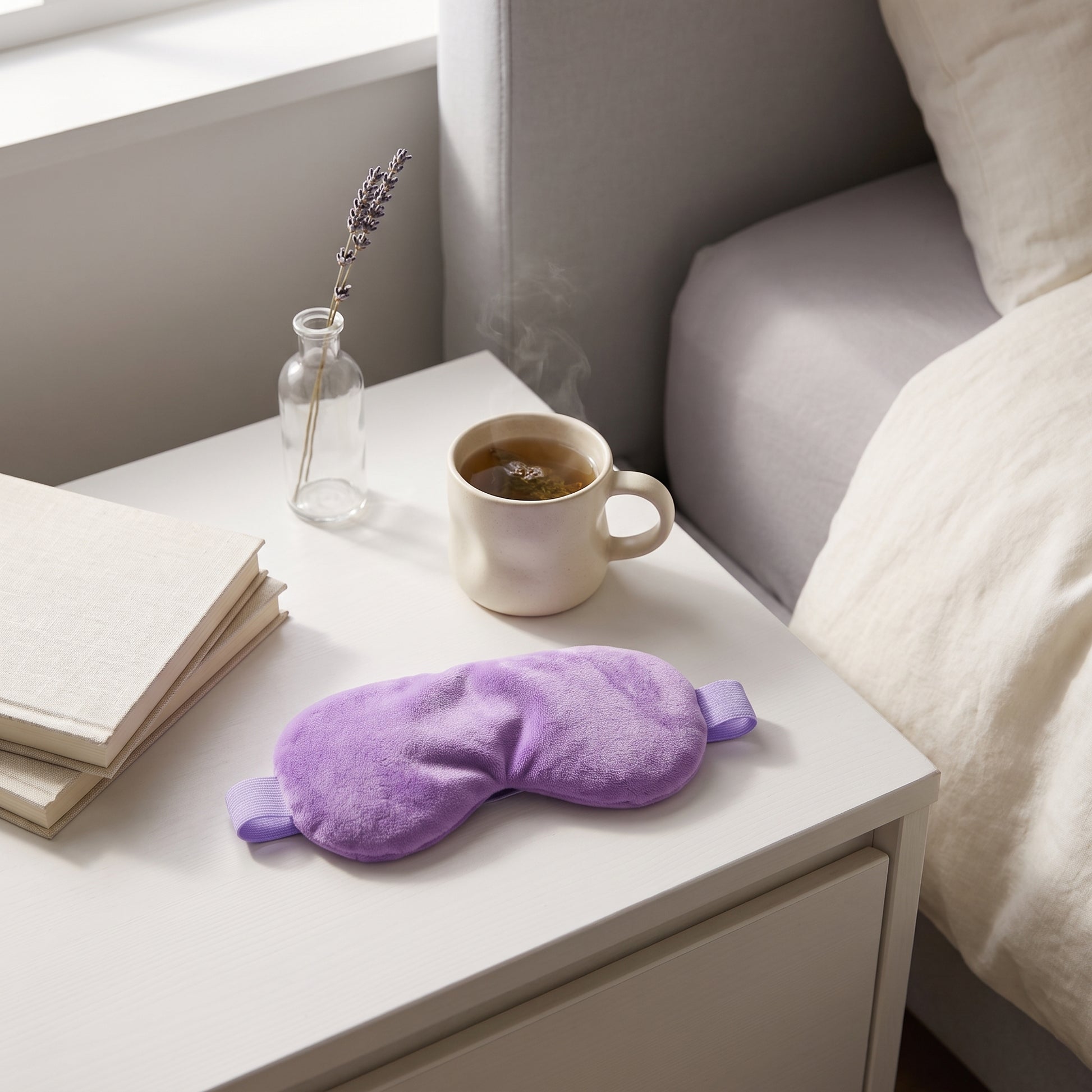 A purple plush eye mask rests on a white bedside table next to a mug of tea, a small glass vase with lavender, and a stack of books, with a bed visible in the background.