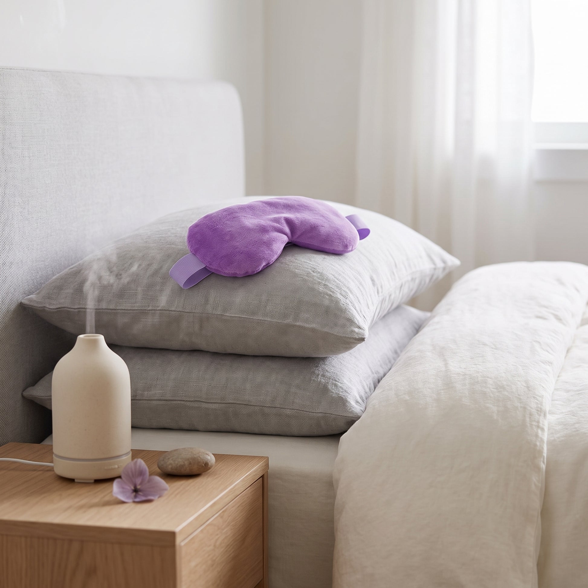 A purple plush eye mask rests on stacked gray pillows in a softly lit bedroom, with a white diffuser on a wooden bedside table and a bed with white bedding nearby.