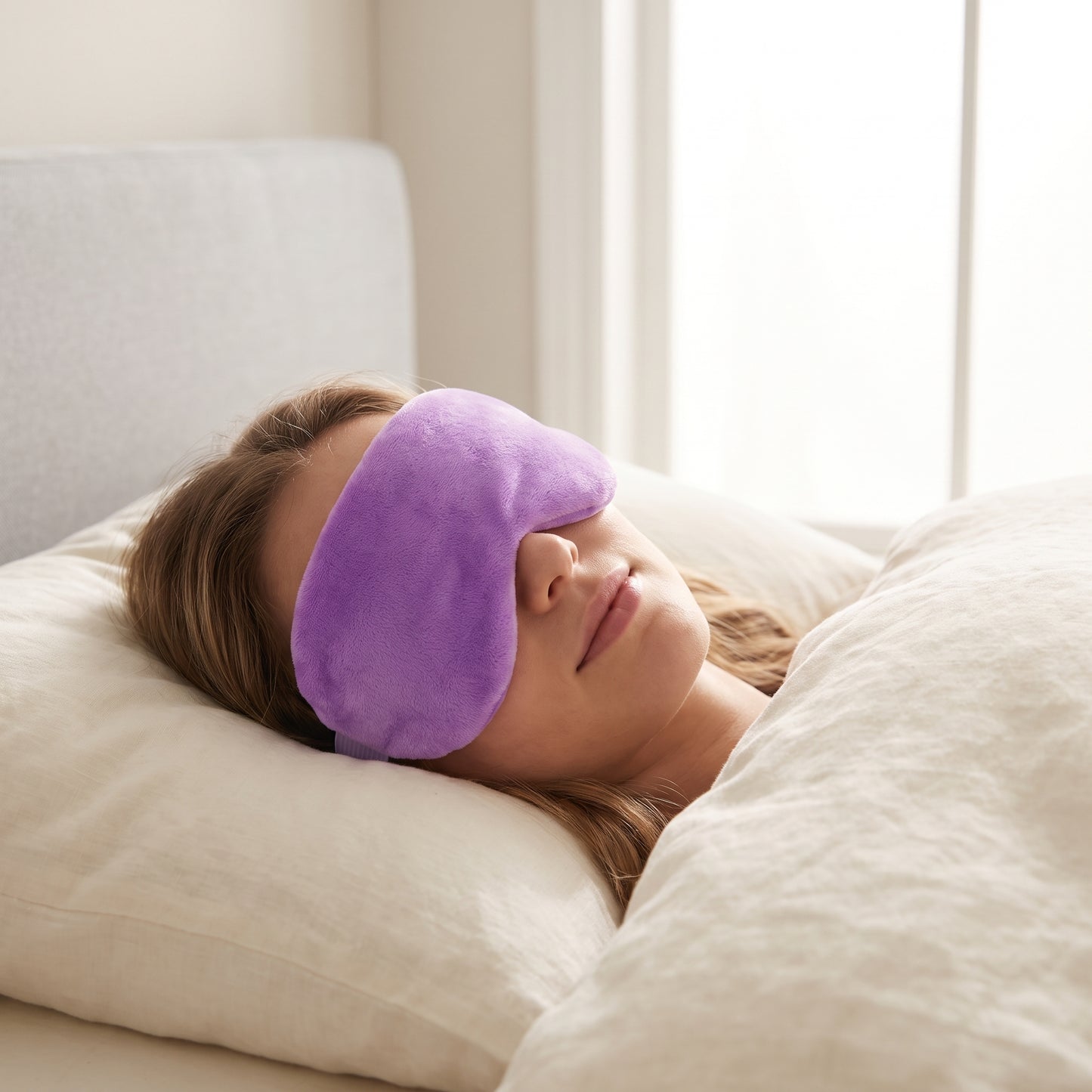 A woman sleeping peacefully in bed with a soft purple eye mask covering her eyes, surrounded by white pillows and a light beige headboard.