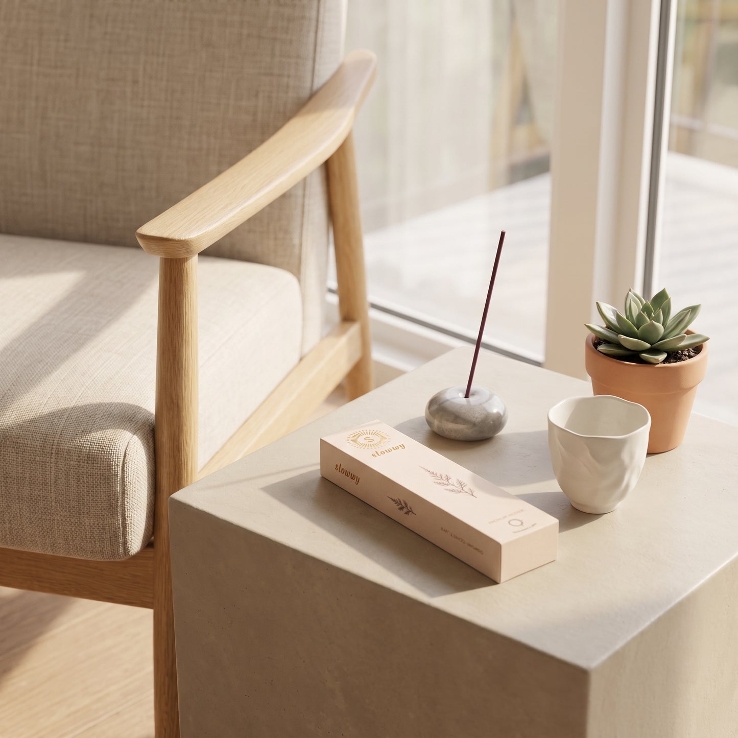 A styled interior scene showing a light wood armchair beside a beige side table with a small box, a stone incense holder with a slowwy incense stick, a white ceramic cup, and a potted succulent near a window.