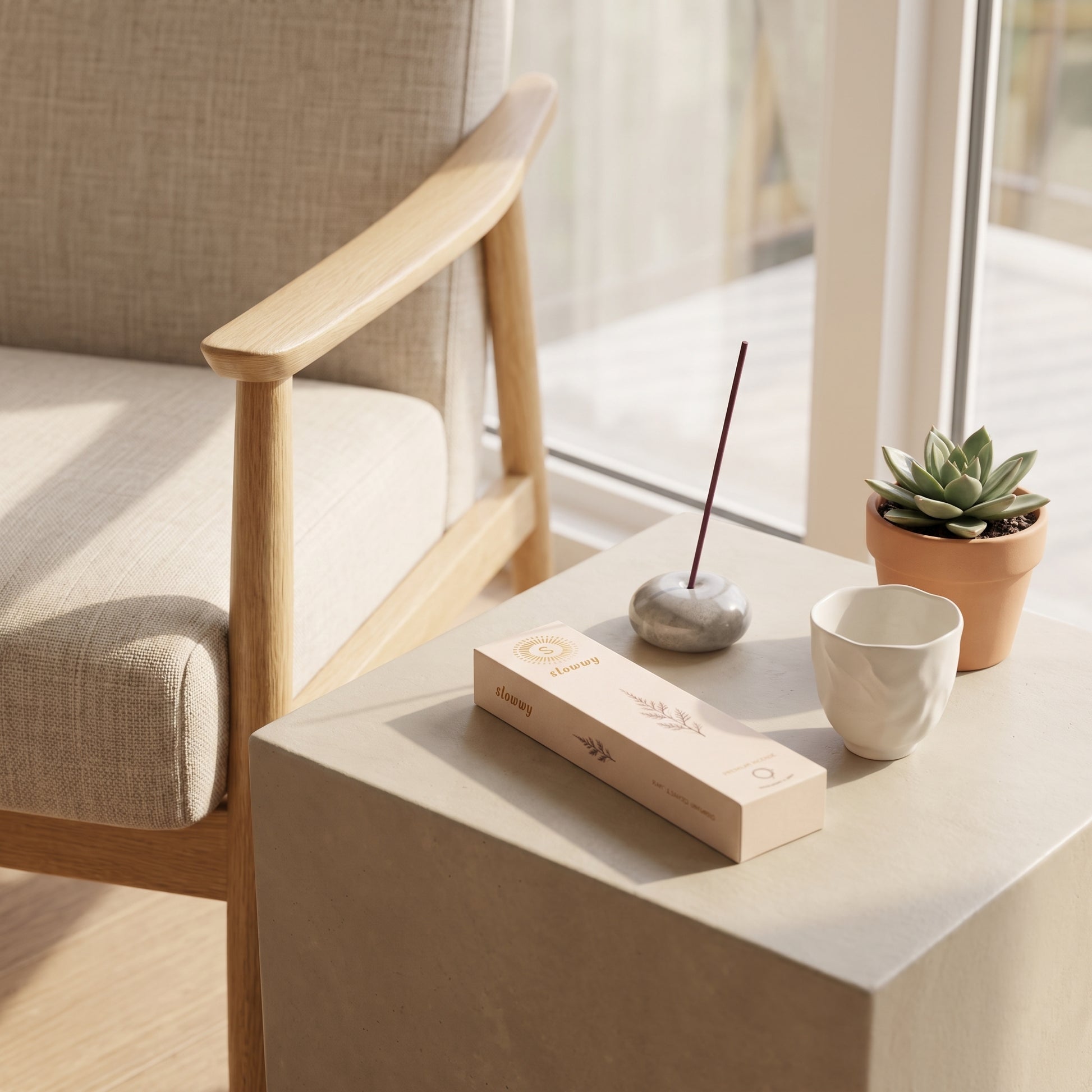 A styled interior scene showing a light wood armchair beside a beige side table with a small box, a stone incense holder with a slowwy incense stick, a white ceramic cup, and a potted succulent near a window.