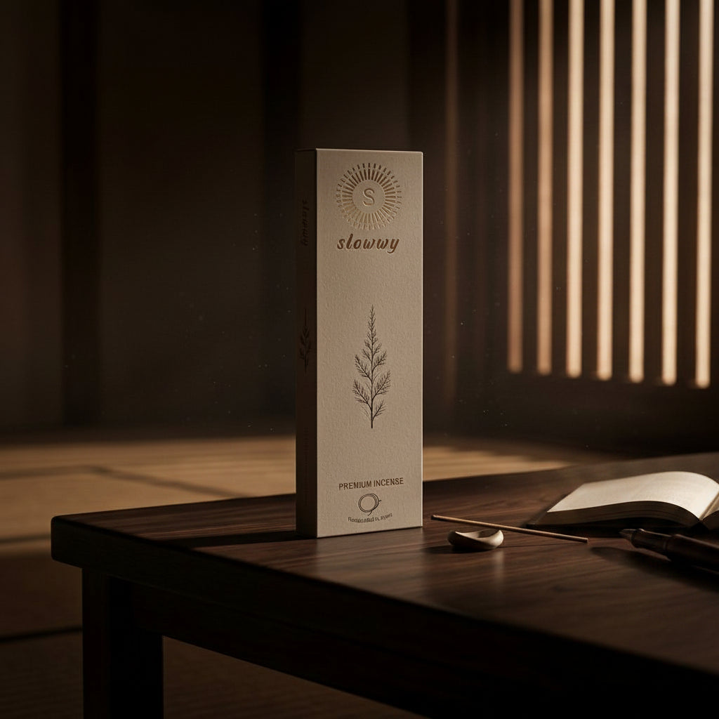 A tall rectangular slowwy incense box labeled 'Premium Incense' stands on a dark wooden table in a dimly lit interior. A matchstick and match are placed beside the box, with warm light streaming through vertical slats in the background.