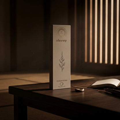 A tall rectangular slowwy incense box labeled 'Premium Incense' stands on a dark wooden table in a dimly lit interior. A matchstick and match are placed beside the box, with warm light streaming through vertical slats in the background.