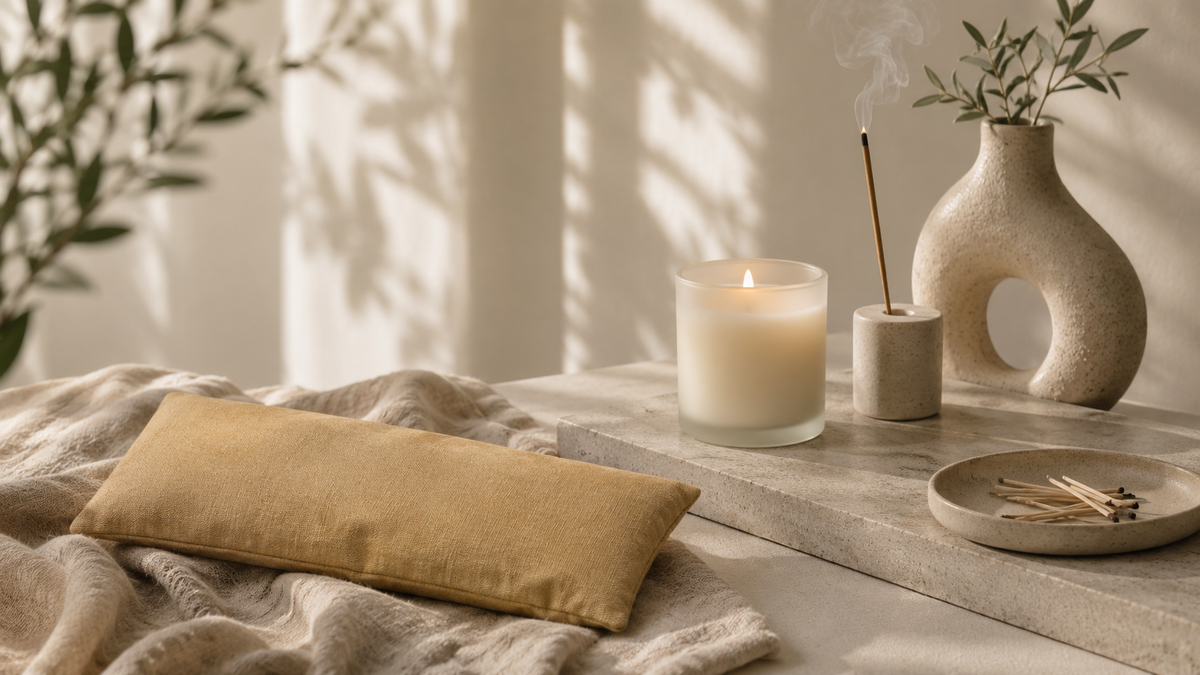 A styled interior scene with a lit white candle on a stone tray beside a small incense holder, a ceramic vase with greenery, and a beige lumbar pillow resting on a cream knit blanket. Sunlight casts leafy shadows across the surface.