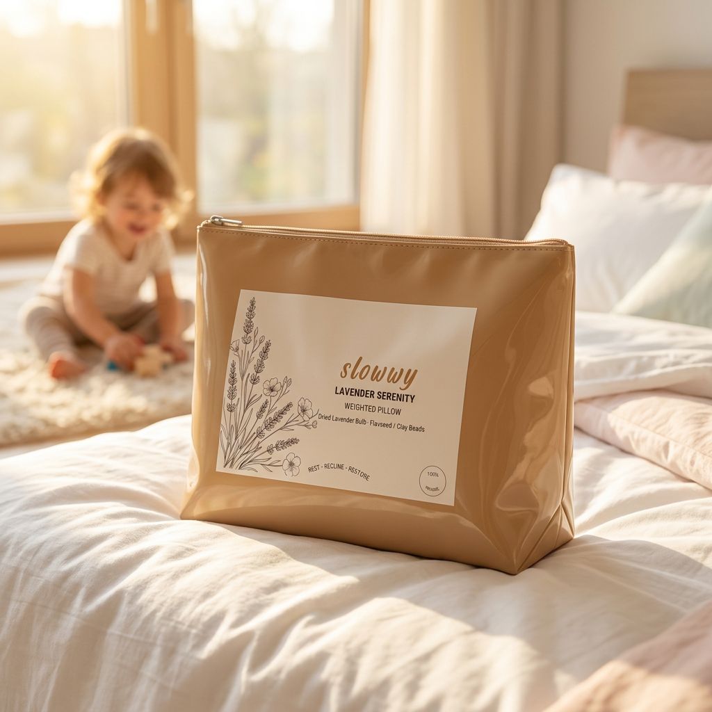 Weighted pillow packaging on a bed with a child playing in the background