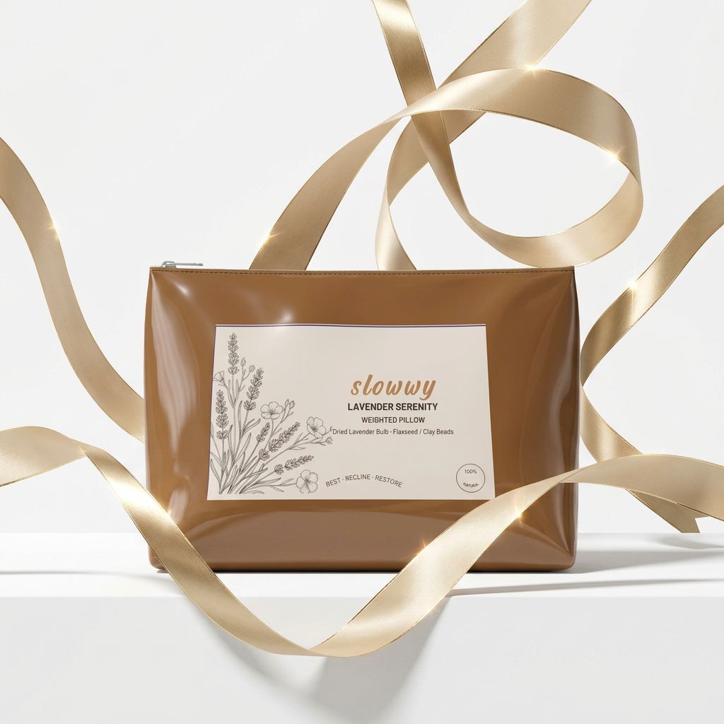 Brown pouch with a label on a white background with gold ribbons