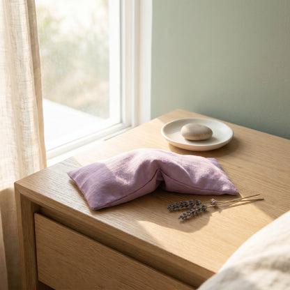 A lavender-colored eye mask pillow resting on a light wood bedside table next to a window, with a small dish and stone in the background.