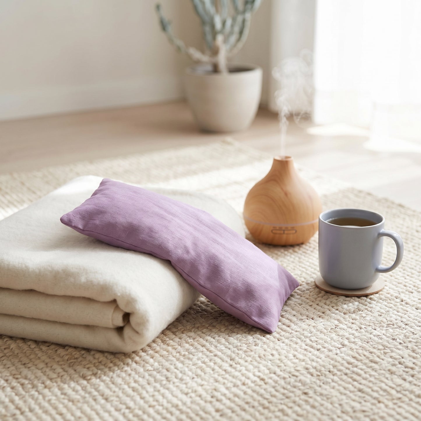 A lavender purple pillow sham resting on a folded cream-colored blanket, styled on a woven rug next to a wooden diffuser and a gray mug in a bright, cozy room.
